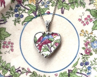 Broken china jewelry heart shaped necklace pendant antique bird of paradise rare chitz china