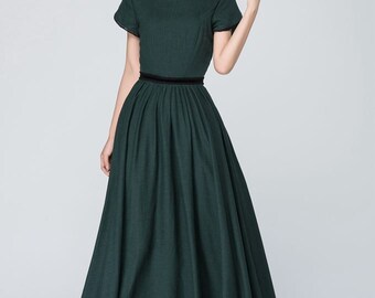 green linen dress, prom dress, fitted waist dress, party dress, pleated dress, short sleeve maxi dress, emerald green dress, gift ideas 1561