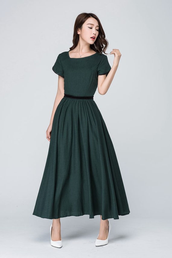 green linen dress prom dress fitted waist dress party