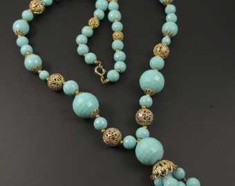 Turquoise Tassel Necklace, Turquoise Necklace, Bead Necklace, Plastic Necklace, Long Tassel Necklace