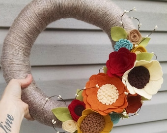 Fall wreath, yarn wreath, wildflower wreath, year round wreath, wool felt flower wreath,autumn wreath,home decor,wedding gift, wedding decor