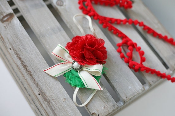 Holiday Stitches - red white ivory and green burlap chiffon and ribbon vintage christmas headband bow