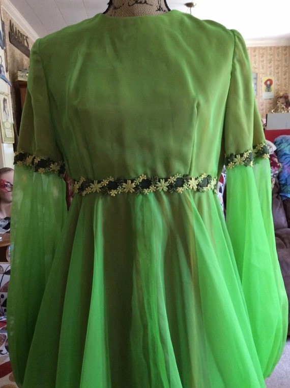 Vintage 1960s 1970s Dress Long Formal Home Made Lime Green