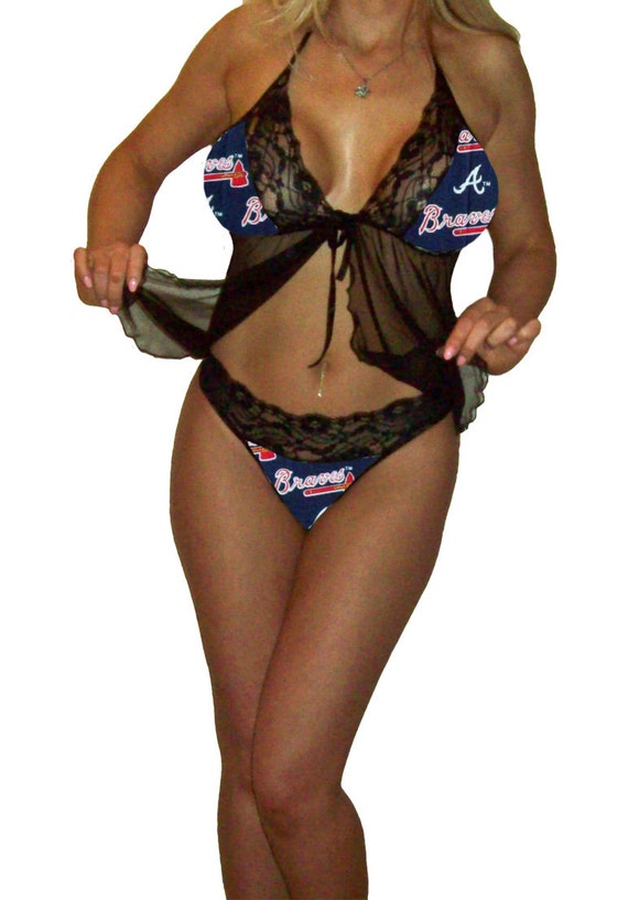 Atlanta Braves Lace Babydoll Negligee Lingerie Navy Teddy Set