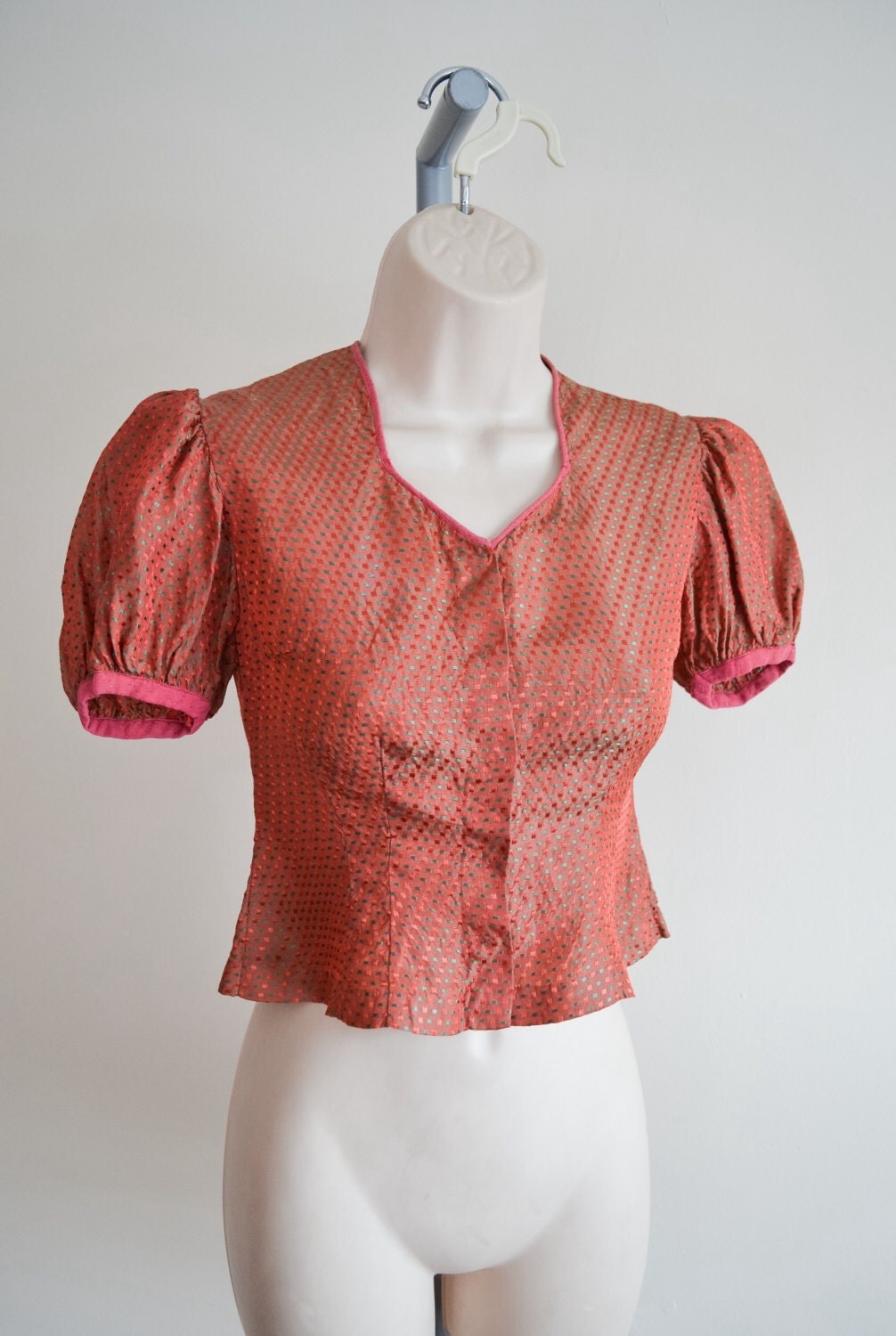 1930s Red silk puff sleeve blouse / 30s evening blouse XXS