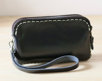 Hand Sewn Zipper Leather Pouch in black, IPhone 5s Leather Pouch, sdzi5s001