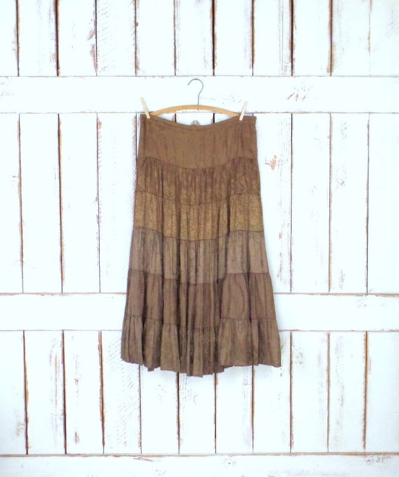 90s vintage brown tiered ruffle prairie skirt/floral maxi