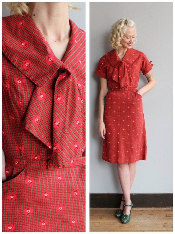 1950s Dress // Red Leaf Sheath Dress // vintage 50s dress