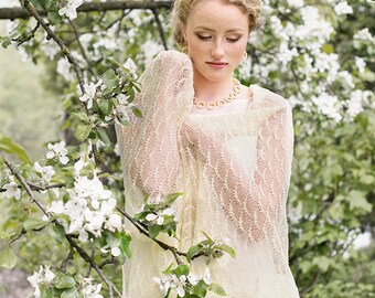 Wedding Scarf Bridal Stole Ivory Shawl Lace Shawl Linen Wrap Knitted Linen Shawl Sheer Lace Scarf Bride Scarf