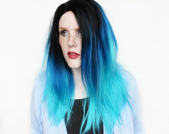 SALE Lace Front wig | Blue wig | Gradient blue wig, Ombre wig | Scene emo wig, Blue scene wig, straight blue emo wig | Cosmic Tide