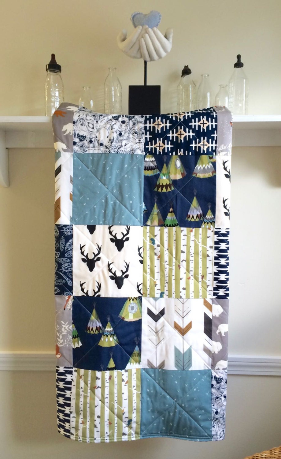 Baby Quilt Boy TeePee and Bears Deer Woodland Native