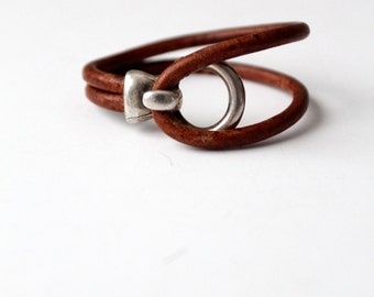 vintage leather and silver cuff, wrap around bracelet