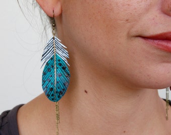 Boho Feather Earrings, Handmade Argus Feathers, Painted Faux Leather