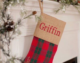 Holiday Plaid Stocking, Personalized Christmas stockings, Burlap Christmas stocking, family Christmas stocking,