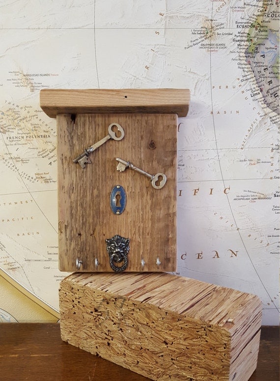 Vertical Antique Wall Key Ring Holder with Reclaimed Wood