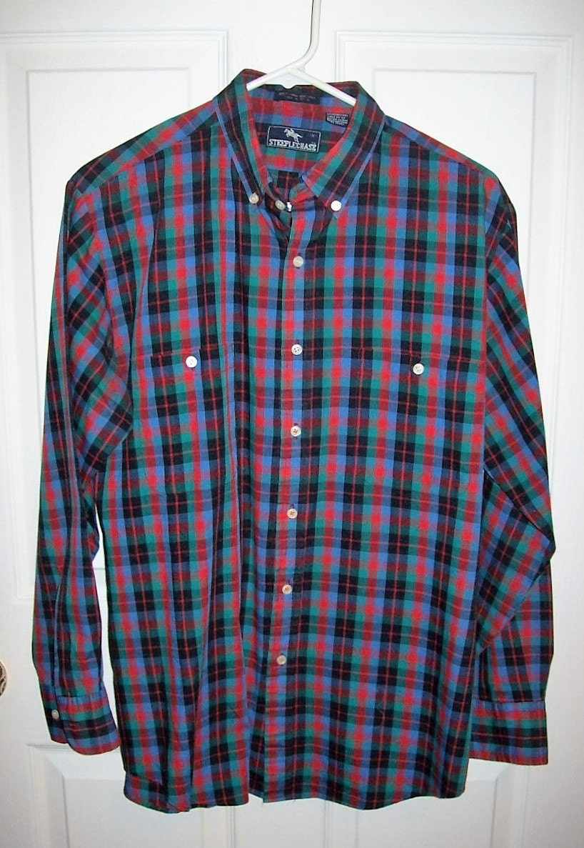 Vintage Men's Red Blue & Green Plaid Western Shirt by