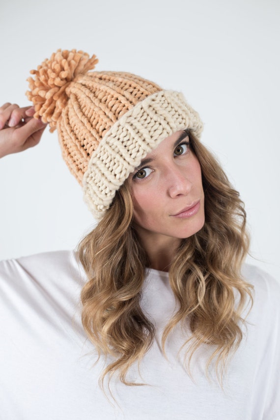 pom hat cashmere pom hat beanie, Knit Orange Pom hat, Merino pom hat beanie, Slouchy wool