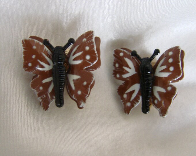 Vintage Brown & White Enamel Clip Earrings / Butterfly Motif / Figural / Retro / Jewelry / Jewellery