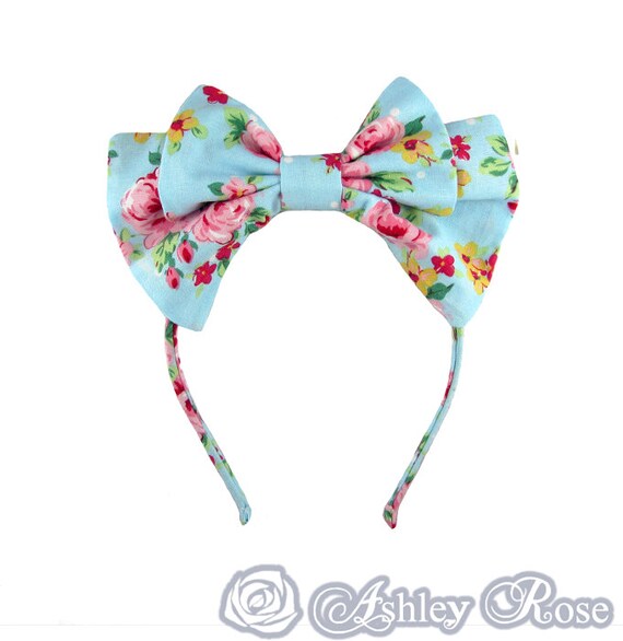 Lolita bow headbow bright blue and pink floral japanese fabric
