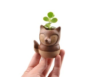 Tiny fox planter - animal planter, ceramic planter - made in Brazil