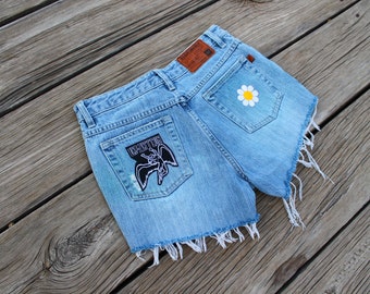 Led Zeppelin Daisy Flower Patch Distressed High Waisted Denim Shorts