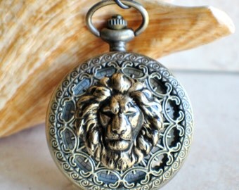 Lion pocket watch, bronze lion pocket watch, with tiger eye beads on watch chain