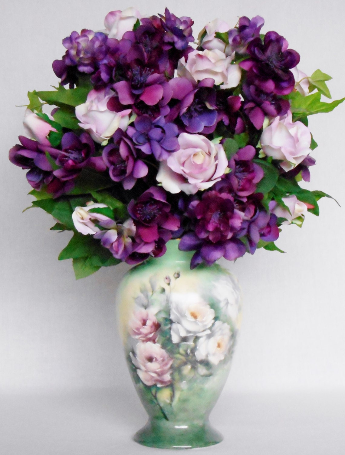 Silk Flower Arrangement Pink Roses Purple Blossoms