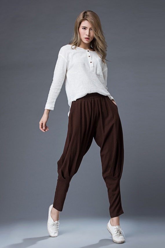 Brown linen pants harem pants women casual pants elastic