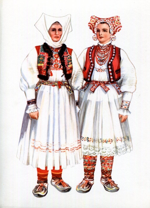 Items similar to Croatian National Costume Print Two Women Vintage ...