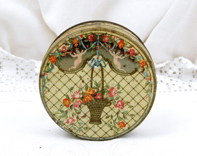 Antique French Metal Candy Tin, Les Griseldas from Nantes Illustration of Cherubs with Basket of Roses, Retro Vintage Home Decor, Country