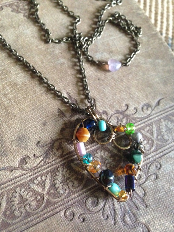 Wirewrapped Beaded Heart Pendant Necklace