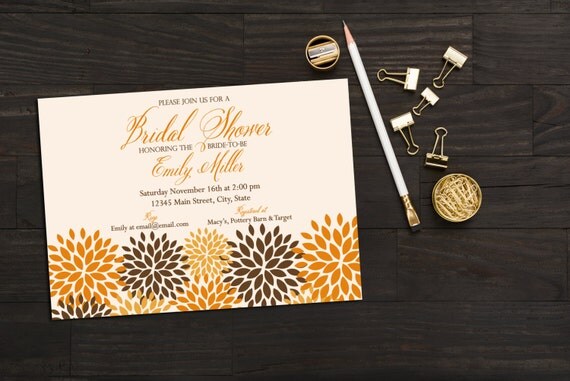 Fall Bridal Shower Invitation - Fall Baby Shower Invitation - Orange and Brown Flowers - Printable Il_570xn