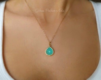Ocean Blue Necklace - Beach Glass Necklace - Small Dainty Necklace - Choker Necklace - Gold Charm Necklace - Tiny Simple Short Necklace Gift