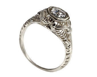 Edwardian style solitaire diamond Engagement ring 18k white gold natural diamond filigree engagement ring, antique style gold diamond ring