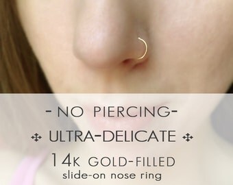 No Piercing Yellow Gold Nose Ring - Non Pierced 14k Gold Filled Faux Nose Ring - Delicate Nosering - Fake Body Jewelry - Nose Hoop 24 Gauge