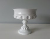 Vintage White Milk Glass King's Crown Thumbprint Pedestal Compote by Tiffin Glass Company