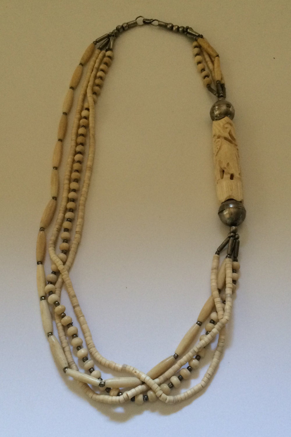 Bone Bead Necklace/Carved Bone Necklace/4 Strand/Carved