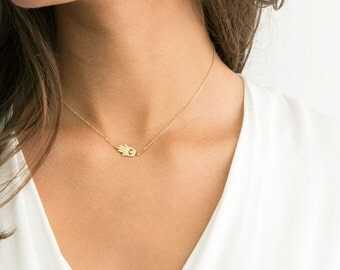 Dainty Hamsa Necklace / Simple Necklace with Hamsa / Centered Hand Necklace, Evil Eye, Delicate Thin Gold Necklace by Layered and Long LN308