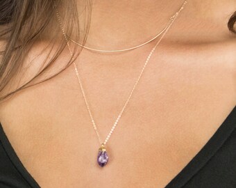 Raw Amethyst Crystal Necklace / 14k Gold fill Chain with Rough Cut Gemstone, Necklace by Layered and Long, LN719
