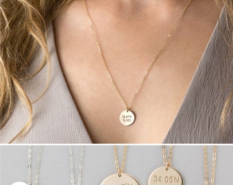 Custom Coordinates Disc Necklace • Latitude & Longitude Circle Charms • Dainty GPS Location Necklace • Hand Stamped Personalization • LN200