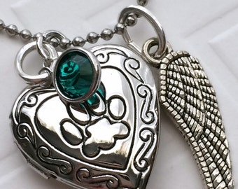 Pet Loss Paw Locket Necklace, Rainbow Bridge, Angel Wing and Swarovski Birthstone, Pet Loss Gift, Pet Memory, Pet Picture Locket,
