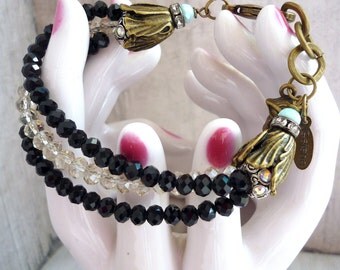 owl bracelet , crystal and rhinestones,hibou bracelet, downton abbey bracelet,bracelet cristal noir, boho chic bracelet,
