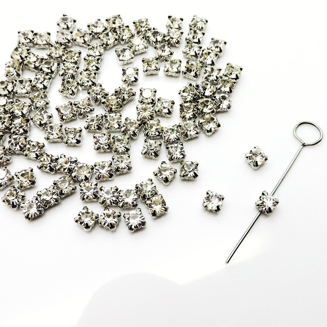 70 pcs Rhinestone Beads Sew on Rhinestones Silver Metal