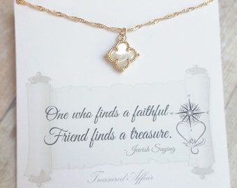Best Friend Necklace, Friendship Jewelry, Gold, Mother of Pearl Clover Necklace, Personalized Necklace, Four Leaf Clover Necklace, Thank You