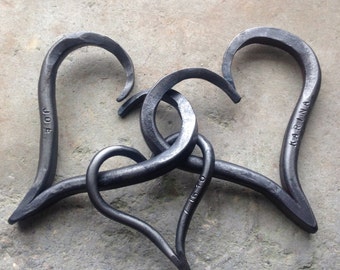 Iron Anniversary, 6th Anniversary Linked Hearts, Heart Family of Triple Linked Iron Hearts, Personalized with Names