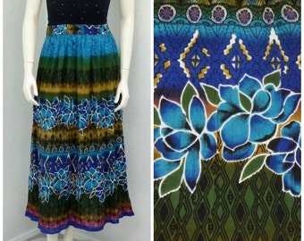 Vintage 90s Blue Boho Maxi Skirt, Bohemian Skirt, High Waisted Skirt, Floral Skirt, A Line Skirt, Gypsy Skirt, Boho Skirt