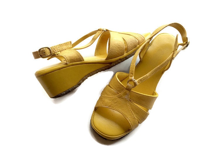 SALE Yellow Wedge Sandals Mustard Sandals Faux Leather 70s