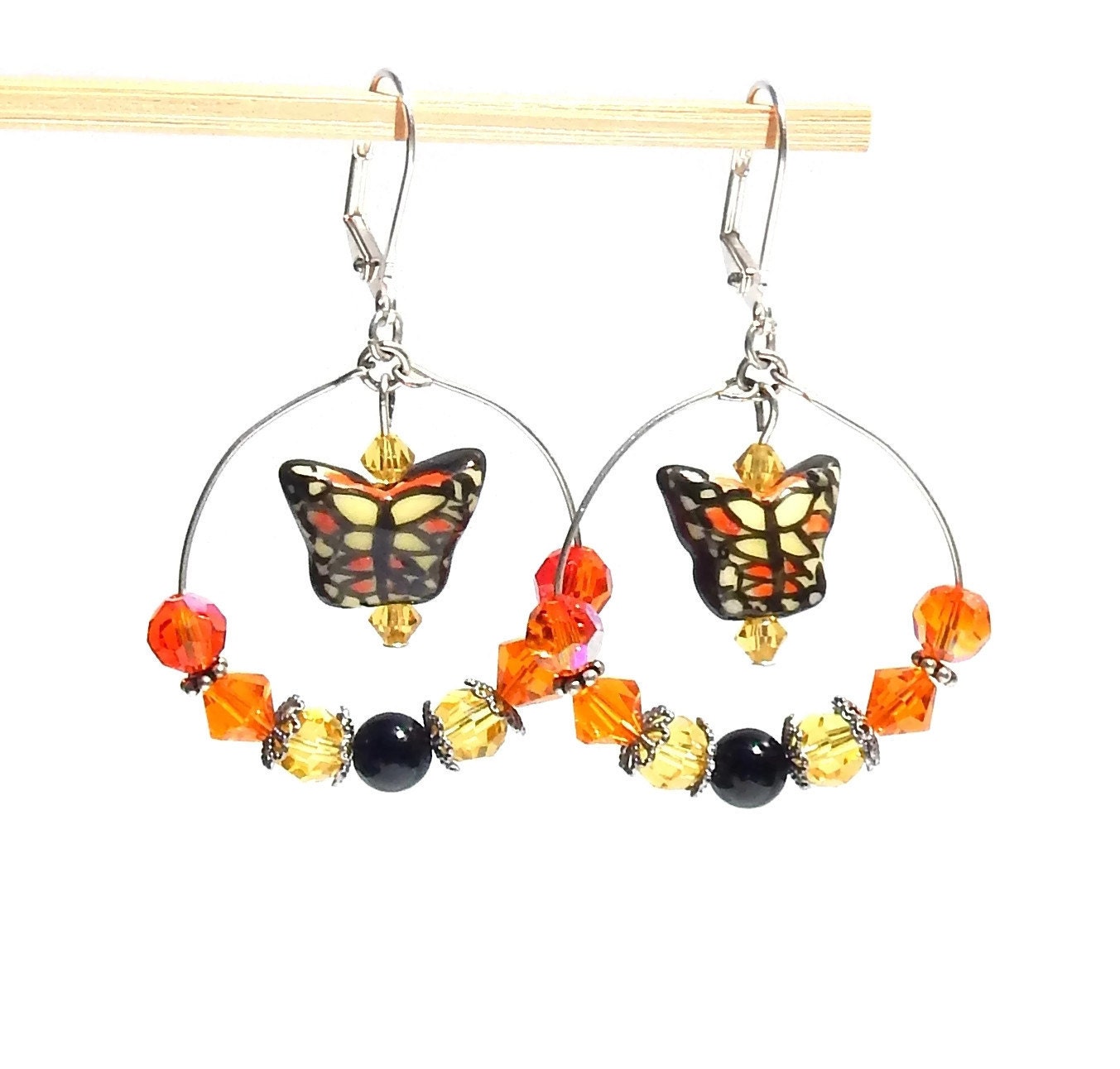 Butterfly Hoop Earrings Porcelain Butterfly Beads Swarovski