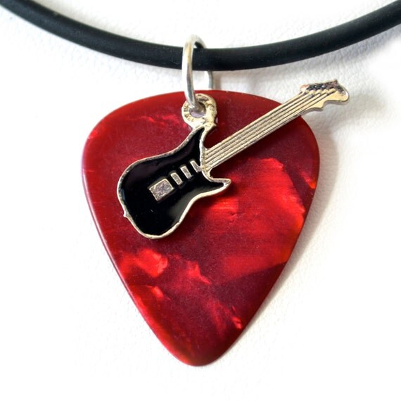 Items similar to Guitar Pick Necklace With Black Guitar Charm On Black
