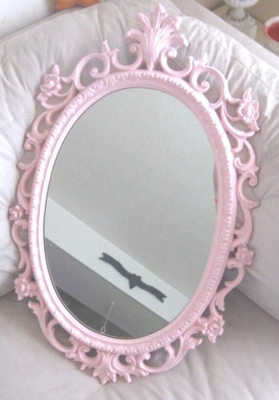 Shabby Pale Pink Wall Mirror Ornate Carved by VintageChicPleasures